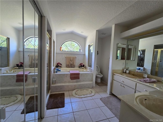 4710 W Mustang Blvd, Beverly Hills, FL 34465 - bathroom with vanity, a bath, vaulted ceiling, toilet, and a shower stall