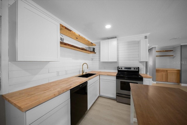 219 Marion Oaks Ln, Ocala, FL 34473 - kitchen featuring wooden counters, a sink, stainless steel electric range oven, open shelves, and black dishwasher