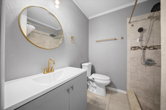 219 Marion Oaks Ln, Ocala, FL 34473 - bathroom featuring ornamental molding, vanity, toilet, a tile shower, and tile patterned floors