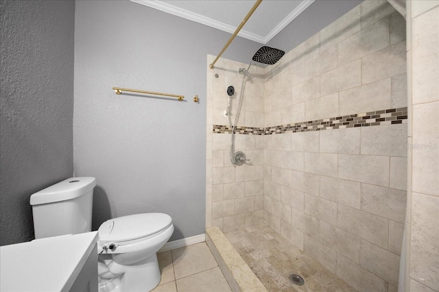 219 Marion Oaks Ln, Ocala, FL 34473 - full bathroom with crown molding, a tile shower, toilet, vanity, and tile patterned flooring