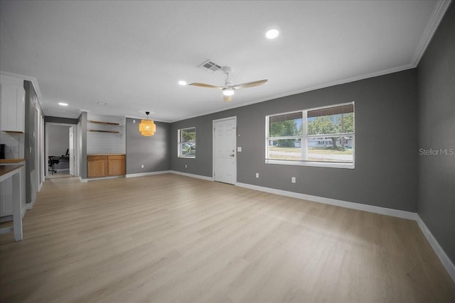 219 Marion Oaks Ln, Ocala, FL 34473 - unfurnished living room with ornamental molding, light wood finished floors, a ceiling fan, baseboards, and recessed lighting