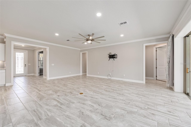 9777 SW 63rd Loop, Ocala, FL 34481 - unfurnished living room with ceiling fan, crown molding, recessed lighting, and baseboards