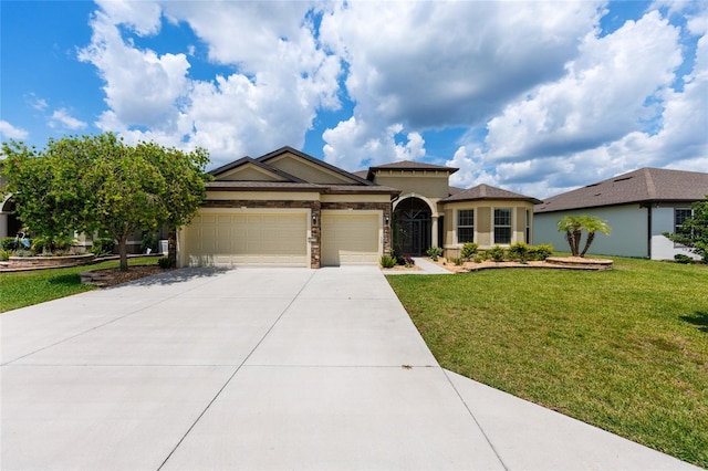 9777 SW 63rd Loop, Ocala, FL 34481 - mediterranean / spanish-style house with an attached garage, concrete driveway, a front lawn, and stucco siding