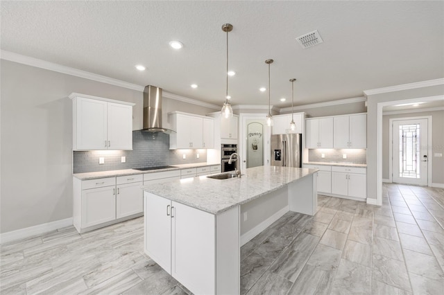 9777 SW 63rd Loop, Ocala, FL 34481 - kitchen featuring stainless steel fridge with ice dispenser, wall chimney range hood, a sink, black electric stovetop, and a spacious island