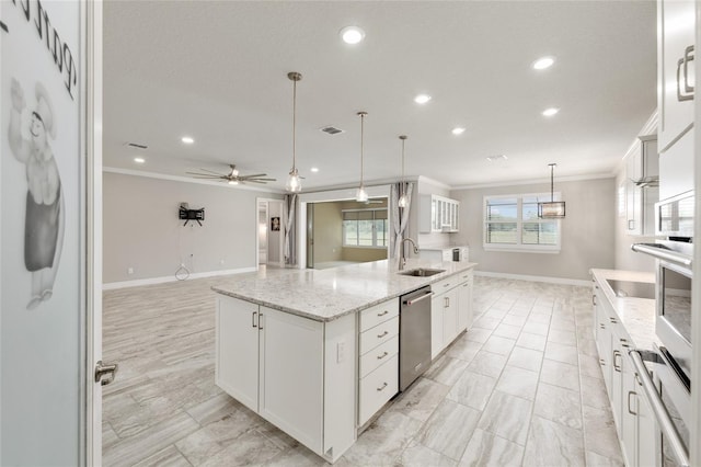 9777 SW 63rd Loop, Ocala, FL 34481 - kitchen with stainless steel dishwasher, ornamental molding, a sink, recessed lighting, and white cabinets
