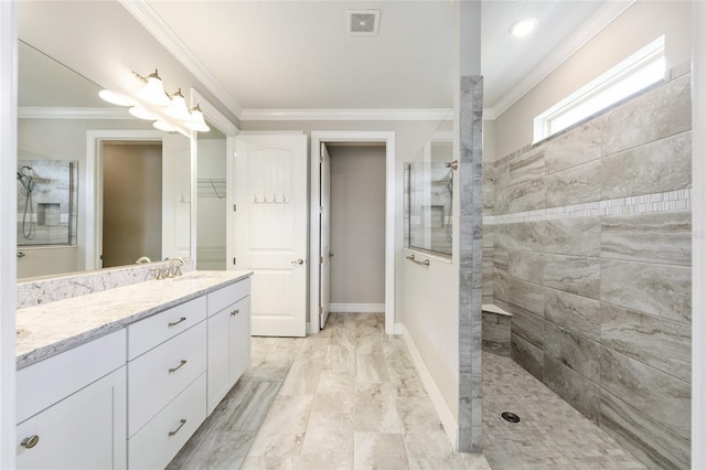 9777 SW 63rd Loop, Ocala, FL 34481 - full bath featuring a walk in shower, double vanity, crown molding, marble look tiles, and baseboards