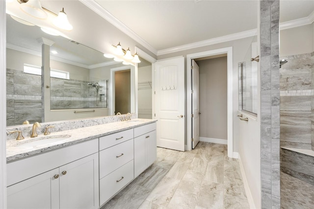 9777 SW 63rd Loop, Ocala, FL 34481 - full bath featuring marble look tile flooring, walk in shower, double vanity, and ornamental molding