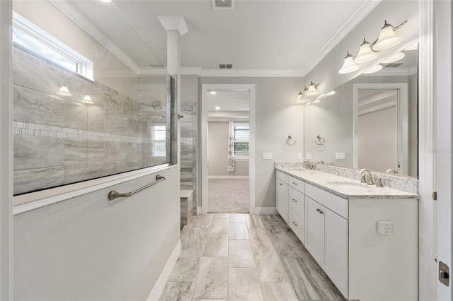 9777 SW 63rd Loop, Ocala, FL 34481 - bathroom with double vanity, marble finish floors, a walk in shower, crown molding, and baseboards
