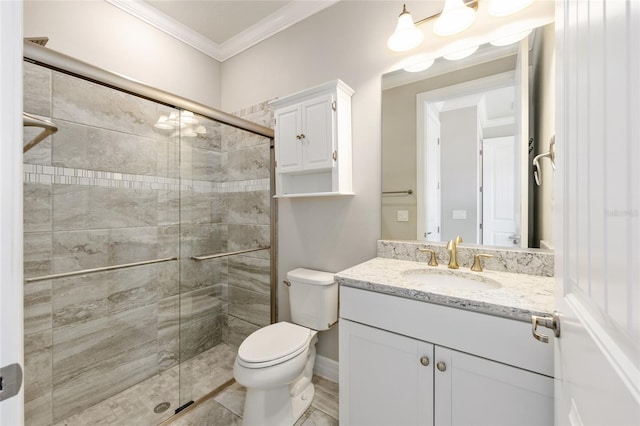 9777 SW 63rd Loop, Ocala, FL 34481 - full bathroom with vanity, toilet, crown molding, a stall shower, and baseboards