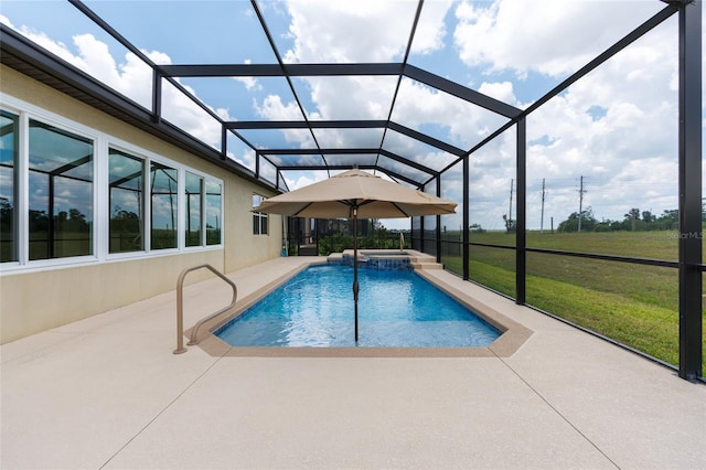 9777 SW 63rd Loop, Ocala, FL 34481 - view of pool with a patio, a lawn, a pool with connected hot tub, and glass enclosure