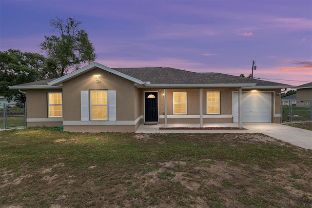 2690 SW 154th Ln, Ocala, FL 34473 - ranch-style house with covered porch, a garage, concrete driveway, stucco siding, and a shingled roof