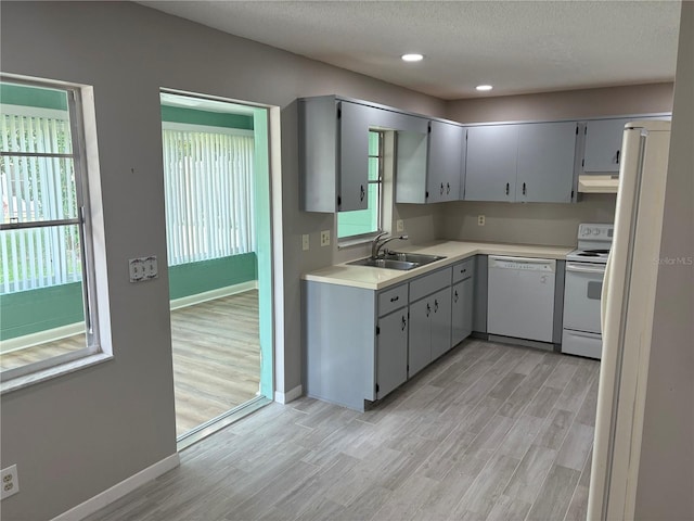 9801 SW 88th Ter Unit B, Ocala, FL 34481 - kitchen featuring white appliances, a sink, under cabinet range hood, light countertops, and light wood-style flooring