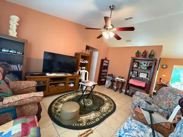 14 Dogwood Drive Radl, Ocala, FL 34472 - tiled living room with lofted ceiling, a textured ceiling, and ceiling fan