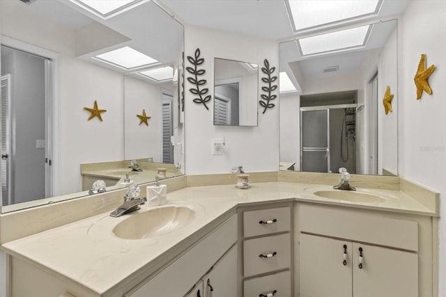 1631 W Dalary Pt Unit 1631, Crystal River, FL 34429 - bathroom with a skylight, double vanity, and a shower stall