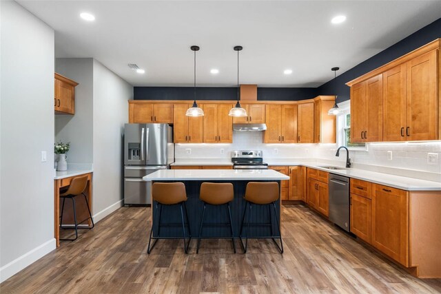 283 Riley Lake Dr, Hawthorne, FL 32640 - kitchen featuring appliances with stainless steel finishes, under cabinet range hood, a sink, dark wood-style flooring, and a kitchen island