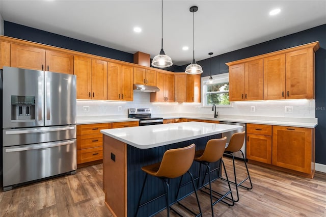 283 Riley Lake Dr, Hawthorne, FL 32640 - kitchen with stainless steel appliances, a sink, under cabinet range hood, wood finished floors, and a center island
