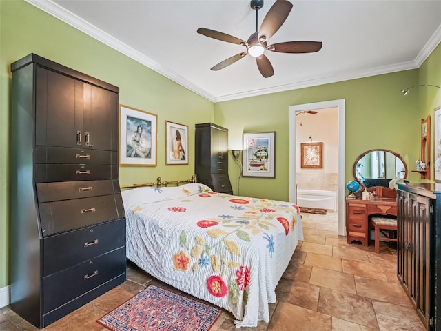 402 SW 127th Pl, Ocala, FL 34473 - bedroom featuring crown molding, ensuite bath, stone finish flooring, and ceiling fan