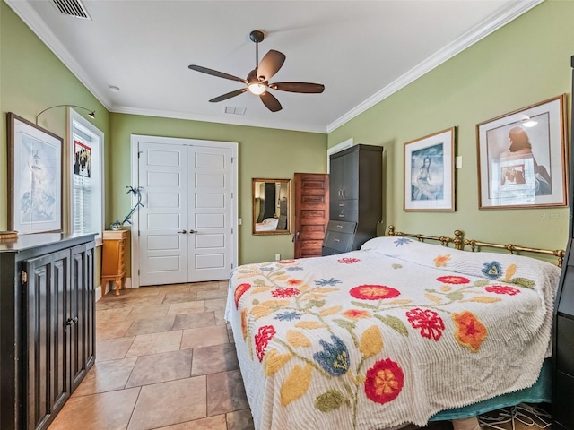 402 SW 127th Pl, Ocala, FL 34473 - bedroom featuring crown molding, light stone finish flooring, and ceiling fan