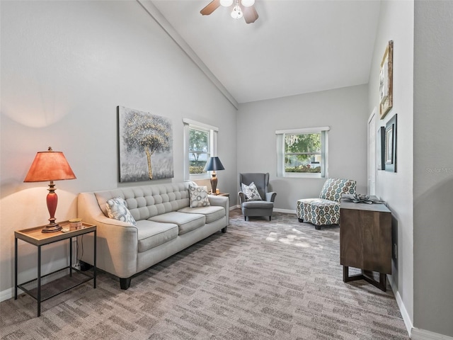 402 SW 127th Pl, Ocala, FL 34473 - living area with a ceiling fan, baseboards, high vaulted ceiling, and carpet