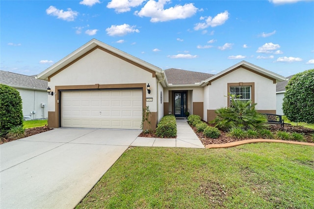 7263 SW 99th Cir, Ocala, FL 34481 - ranch-style house featuring stucco siding, an attached garage, a front lawn, and driveway