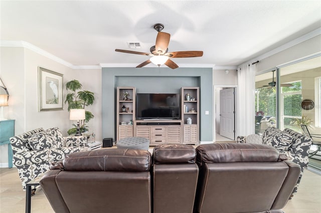 7263 SW 99th Cir, Ocala, FL 34481 - living area with ornamental molding, ceiling fan, baseboards, and wood finished floors