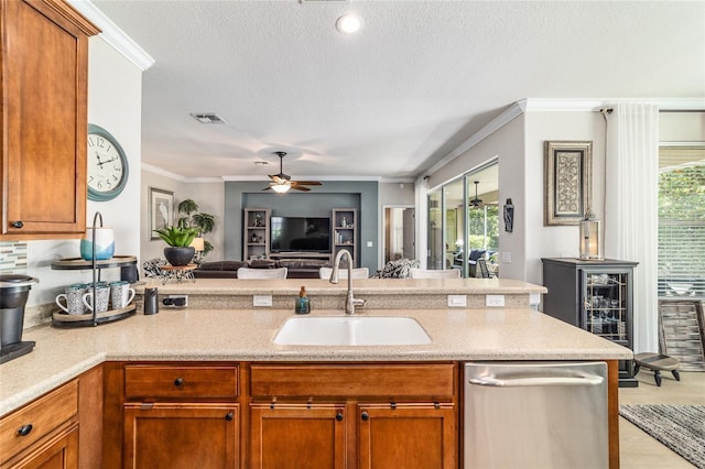 7263 SW 99th Cir, Ocala, FL 34481 - kitchen featuring a sink, dishwasher, a textured ceiling, brown cabinetry, and ornamental molding