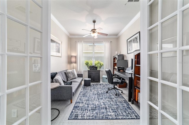 7263 SW 99th Cir, Ocala, FL 34481 - office space with ornamental molding, french doors, and ceiling fan