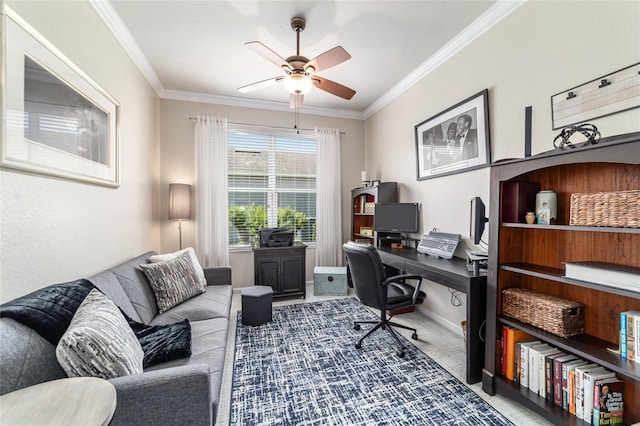 7263 SW 99th Cir, Ocala, FL 34481 - office area featuring a ceiling fan, carpet, ornamental molding, and baseboards