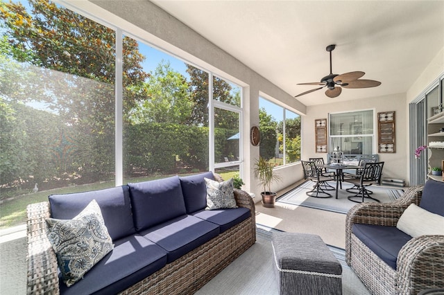 7263 SW 99th Cir, Ocala, FL 34481 - sunroom / solarium with an outdoor hangout area, ceiling fan, and outdoor dining area