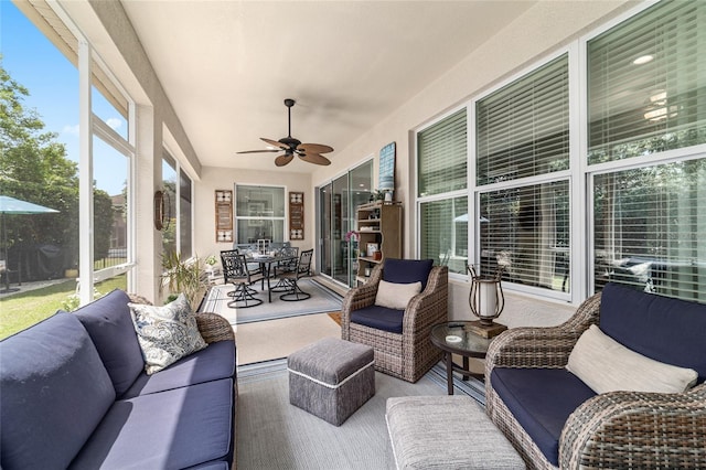 7263 SW 99th Cir, Ocala, FL 34481 - sunroom / solarium featuring an outdoor living space, ceiling fan, and outdoor dining area