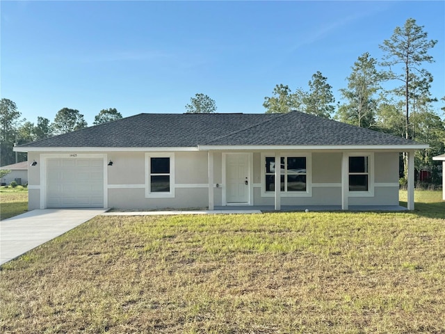 14425 SW 21st Pl, Ocala, FL 34481 - ranch-style home with stucco siding, driveway, a garage, a front lawn, and covered porch