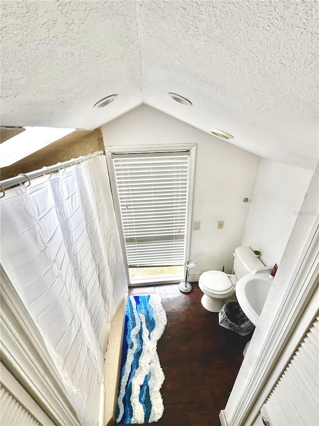 3005 NE 19th Ave, Ocala, FL 34479 - full bath featuring toilet, vaulted ceiling, wood finished floors, a sink, and a textured ceiling