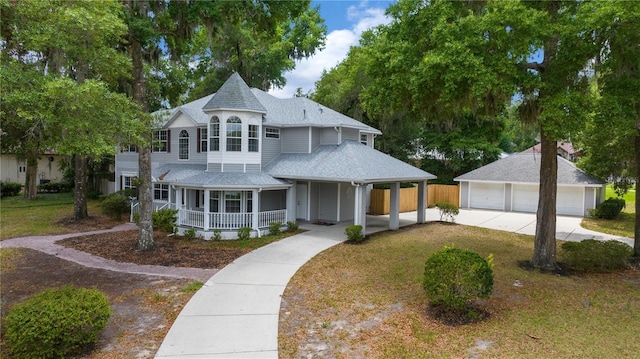 1628 SE 29th Ter, Ocala, FL 34471 - victorian-style house with a porch, roof with shingles, an outdoor structure, a detached garage, and a front yard