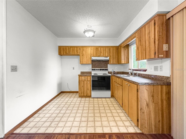 10520 SW 85th Ter, Ocala, FL 34481 - kitchen featuring range with electric stovetop, under cabinet range hood, dark countertops, brown cabinets, and a textured ceiling