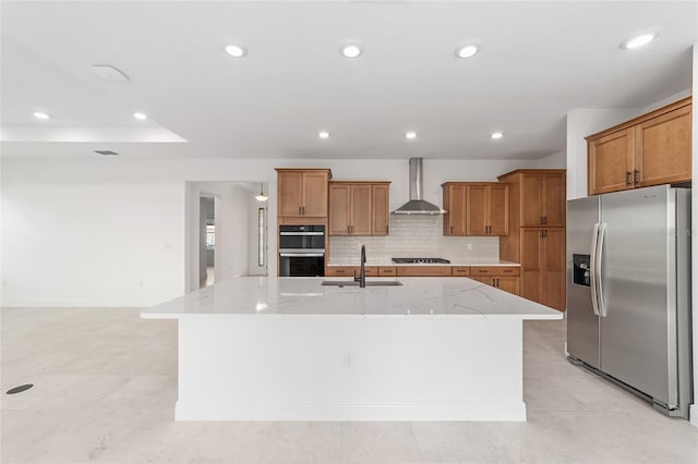 8465 SW 101st Ave, Ocala, FL 34481 - kitchen featuring stainless steel refrigerator with ice dispenser, wall chimney exhaust hood, a sink, multiple ovens, and brown cabinetry