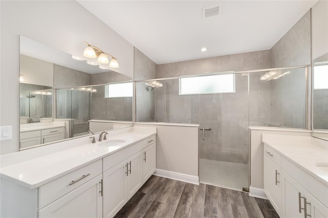 10625 SW 98th Pl, Ocala, FL 34481 - bathroom with two vanities, walk in shower, and wood finished floors