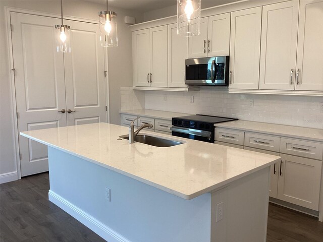 10540 SW 49th Avenue Rd, Ocala, FL 34476 - kitchen with stainless steel microwave, a sink, black electric range, dark wood finished floors, and tasteful backsplash