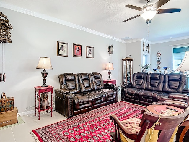 9237 SW 60th Terrace Rd, Ocala, FL 34476 - tiled living room featuring a ceiling fan, crown molding, and baseboards