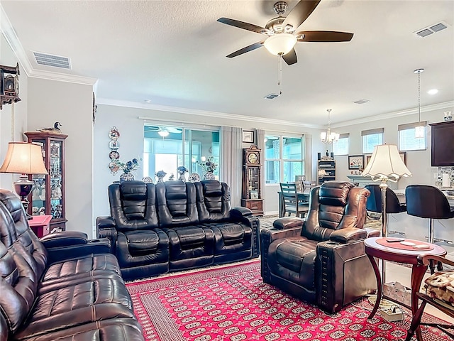 9237 SW 60th Terrace Rd, Ocala, FL 34476 - carpeted living room with ceiling fan and crown molding