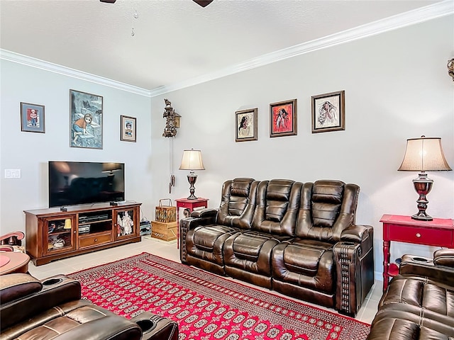 9237 SW 60th Terrace Rd, Ocala, FL 34476 - tiled living room with crown molding and ceiling fan