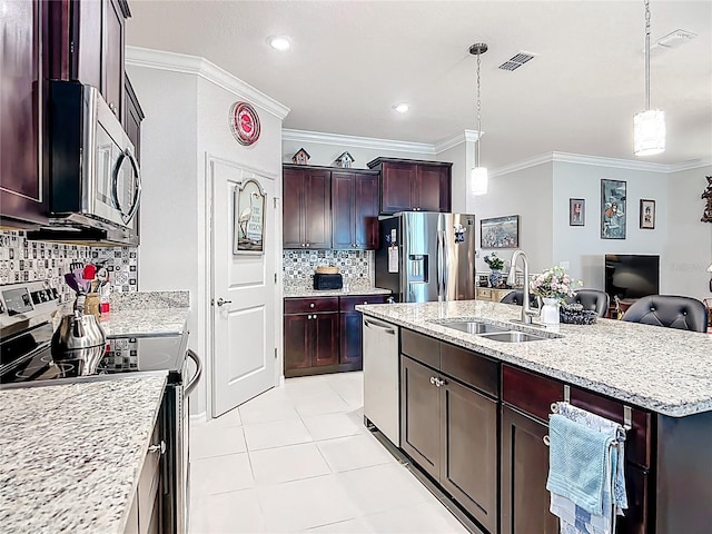 9237 SW 60th Terrace Rd, Ocala, FL 34476 - kitchen featuring stainless steel appliances, a sink, ornamental molding, backsplash, and pendant lighting