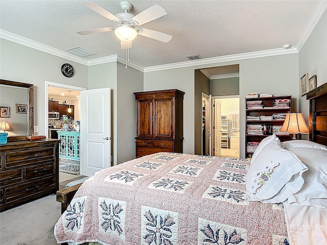 9237 SW 60th Terrace Rd, Ocala, FL 34476 - carpeted bedroom with crown molding, a textured ceiling, a ceiling fan, and ensuite bathroom