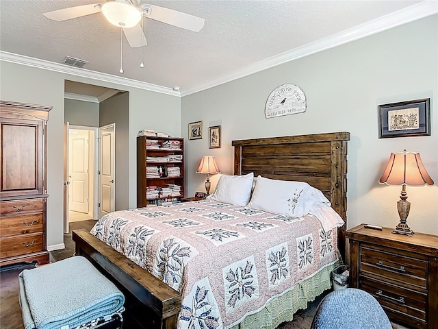 9237 SW 60th Terrace Rd, Ocala, FL 34476 - carpeted bedroom with crown molding, ceiling fan, and a textured ceiling