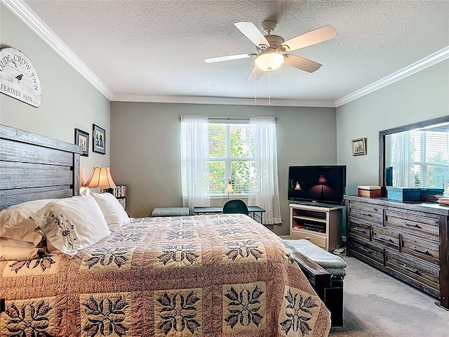 9237 SW 60th Terrace Rd, Ocala, FL 34476 - bedroom featuring light carpet, crown molding, a textured ceiling, and a ceiling fan
