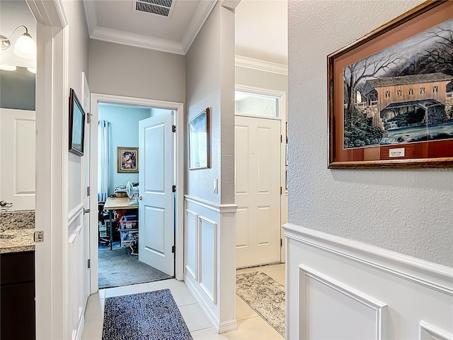 9237 SW 60th Terrace Rd, Ocala, FL 34476 - corridor with crown molding, light tile patterned flooring, an office area, and a textured wall