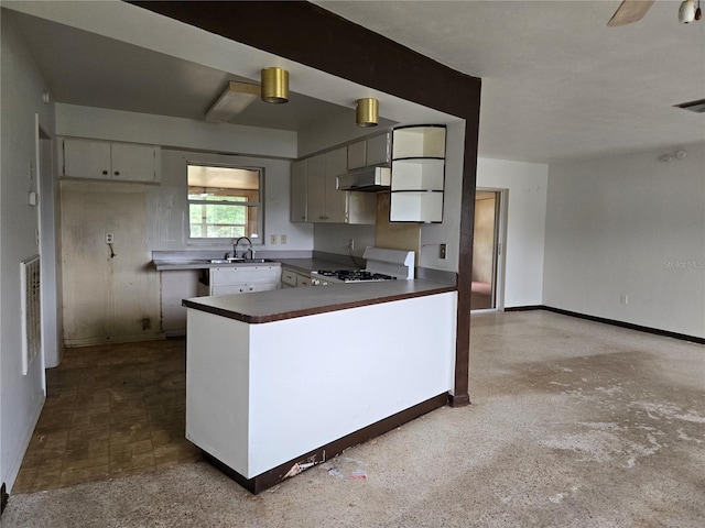 9330 N Citrus Springs Blvd, Citrus Springs, FL 34434 - kitchen featuring under cabinet range hood, gas range gas stove, dark countertops, baseboards, and a peninsula