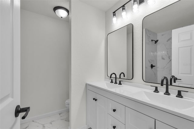 5709 NW 6th Pl, Ocala, FL 34482 - bathroom with marble look tile flooring, toilet, double vanity, a marble finish shower, and baseboards
