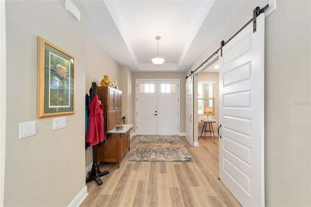 9607 SW 79th Lane Rd, Ocala, FL 34481 - foyer entrance with a barn door, baseboards, light wood-type flooring, and a tray ceiling