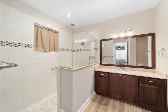 9607 SW 79th Lane Rd, Ocala, FL 34481 - bathroom featuring a walk in shower, vanity, and wood finished floors