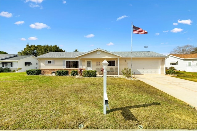 17890 SE 96th Ct, Summerfield, FL 34491 - ranch-style house with concrete driveway, brick siding, a front lawn, and a garage